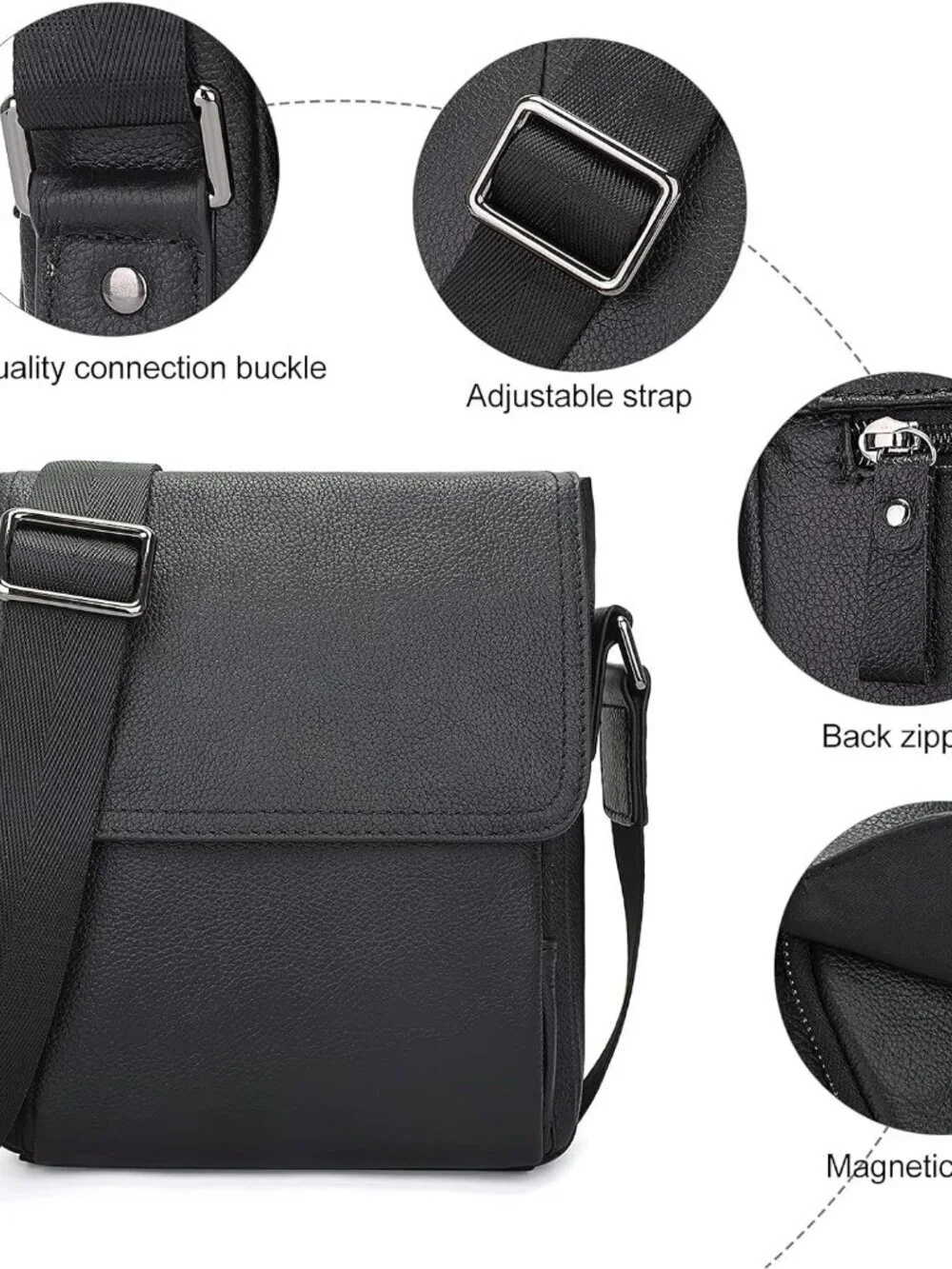 Men's Black Genuine Leather Crossbody Travel Metal Zipper Messenger Hand Bag